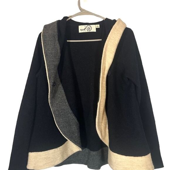 Rosie Neira Anthro Navy Blue & Cream Colorblock Boiled Wool Coat Women Sz XS - Picture 3 of 10